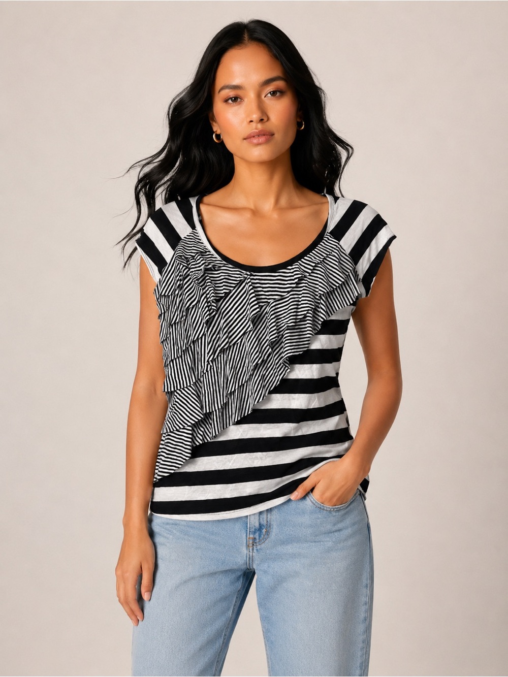 New Dots Women’s Black White Striped Ruffle Scoop Neck Cap Sleeve Top Size L